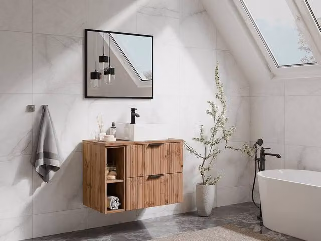 Vente-unique Suspended Striped Bathroom Vanity Unit with Niches in Light Oak – 1