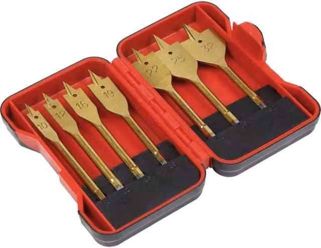 Loops 7 Piece Titanium Coated Flat Wood Drill Bit Set with 1/4 inch Hex Shank and Storage Box in Gold and Multicolour