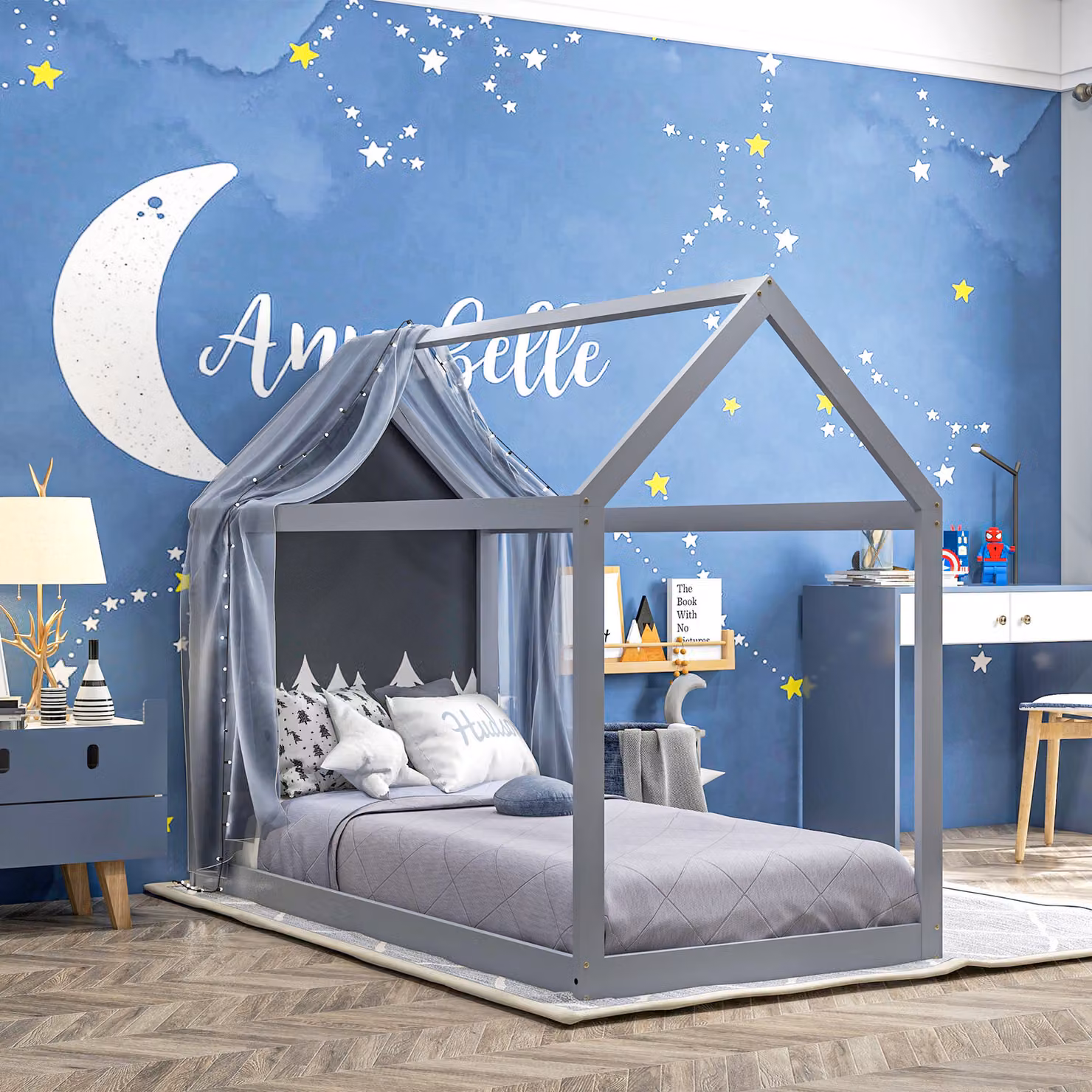 HOMCOM Scandinavian Style Wooden Single Bed Base with House Frame, Grey, W/D: 90 x 190 cm – 2