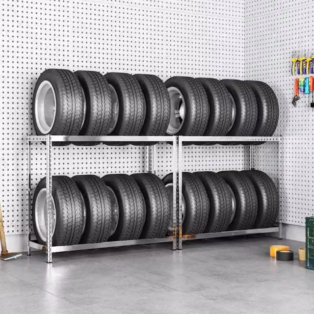 Berkfield Home 2-Layer Steel Tire Racks, 2 Pieces, Silver, W/D/H: 110 x 40 x 110 cm – 1
