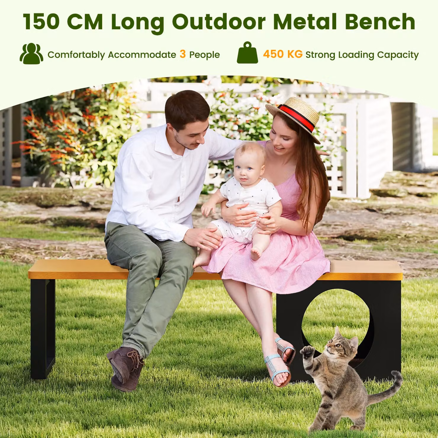 Gymax Brown Metal Outdoor Bench with Cat House for 3 Adults – 9