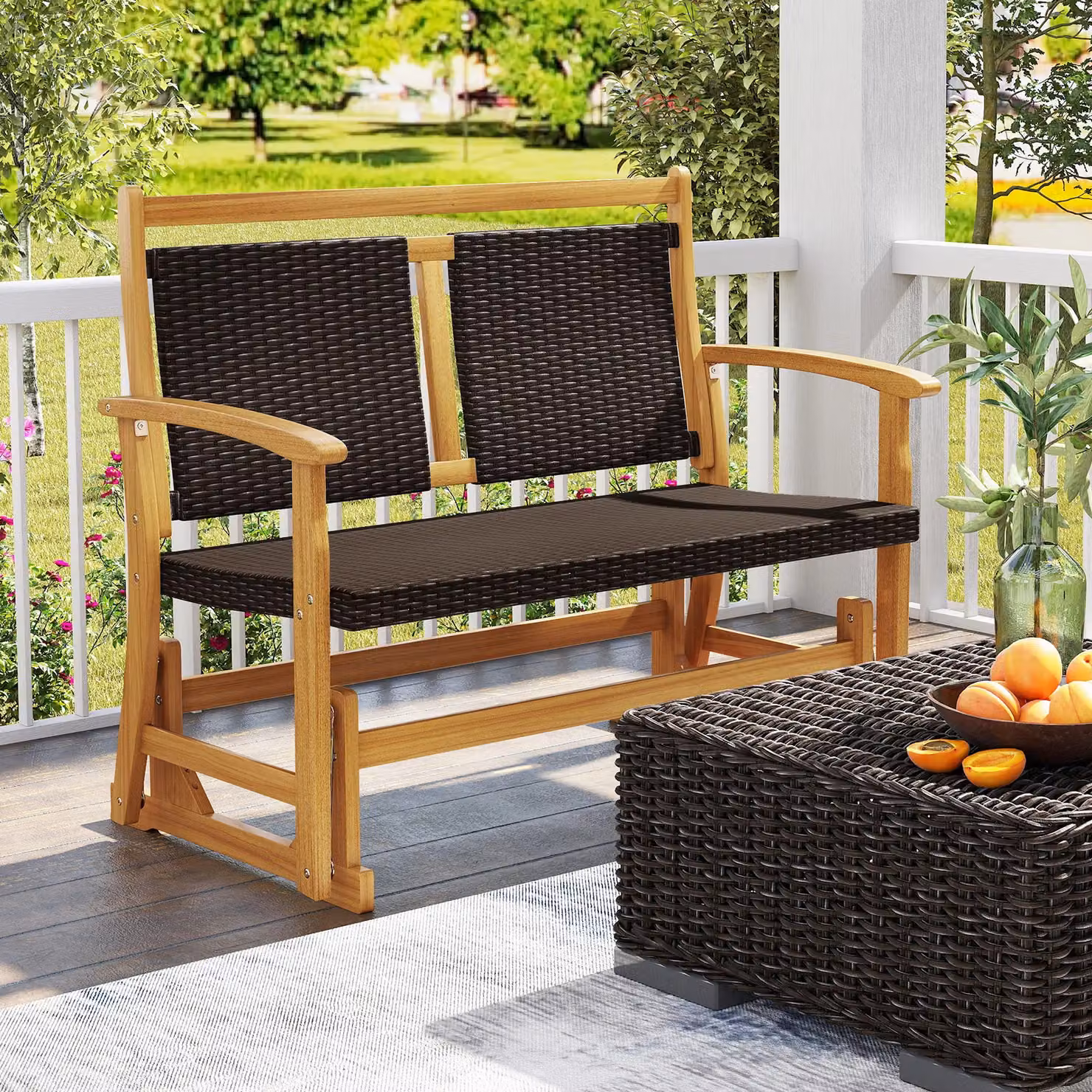 Gymax Outdoor Acacia Wood Glider Bench with Rattan Backrest in Brown – 3