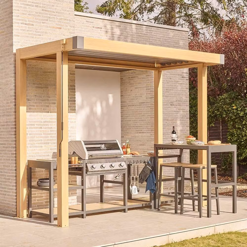 Leisure Grow Savannah BBQ Pergola in Brown Oak Effect Aluminium, W: 300 cm, D: 150 cm