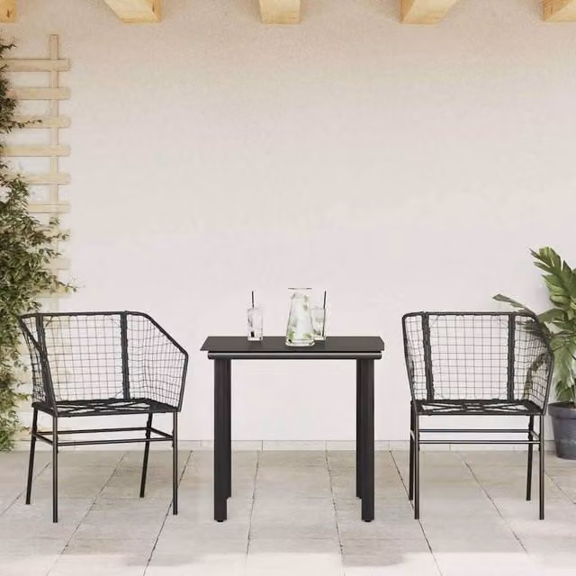 Berkfield Home Beautiful 3 Piece Black Poly Rattan Garden Dining Set with Glass Tabletop