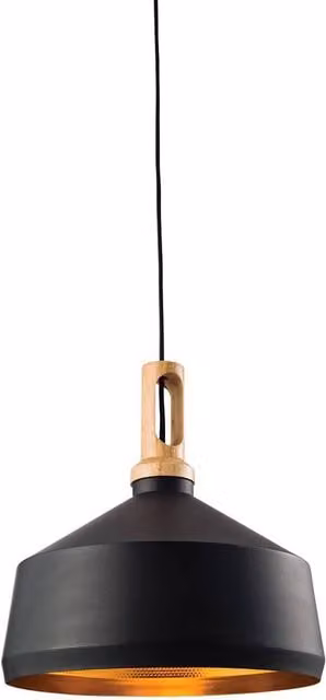Endon Garcia Dome Ceiling Pendant Light in Matt Black and Wood with E27 Fitting