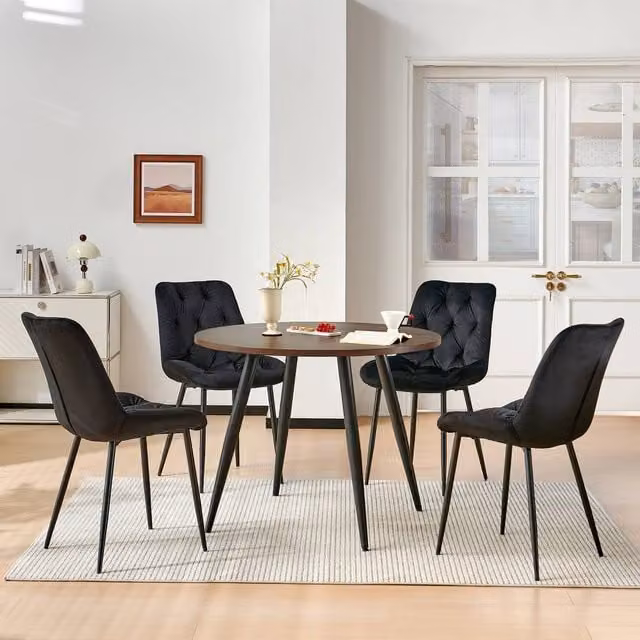 SONARA Modern Round Walnut Dining Table with 4 Black Velvet Chairs Set
