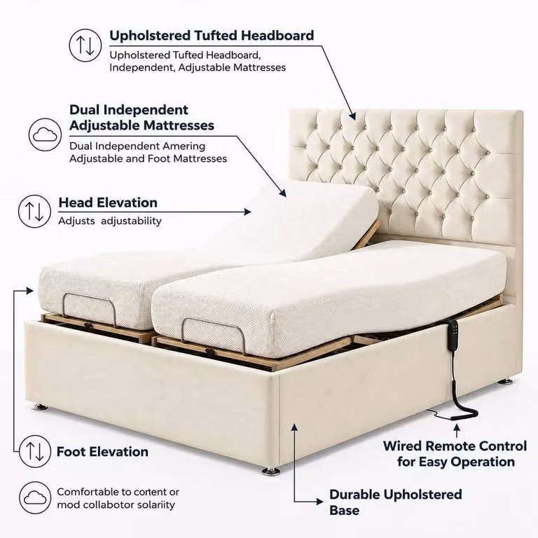 Soft Snooze Beds Florence Adjustable Bed with Foam Mattress and Headboard in Black, Super King, W: 200 cm x D: 200 cm