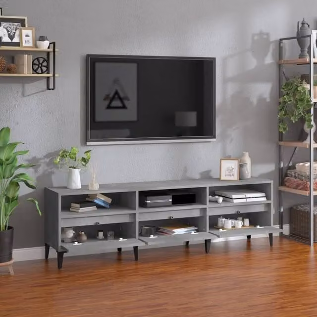 Berkfield Home Concrete Grey TV Cabinet with Media Compartments, W/D/H: 150 x 30 x 44.5 cm