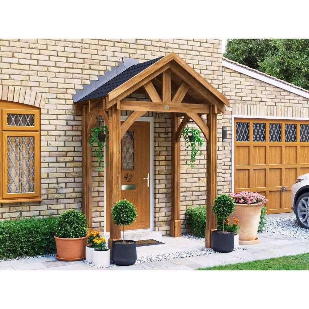 Dunster House Wooden Porch Canopy Kit with Black Shingles and 4 Posts in Brown – 2