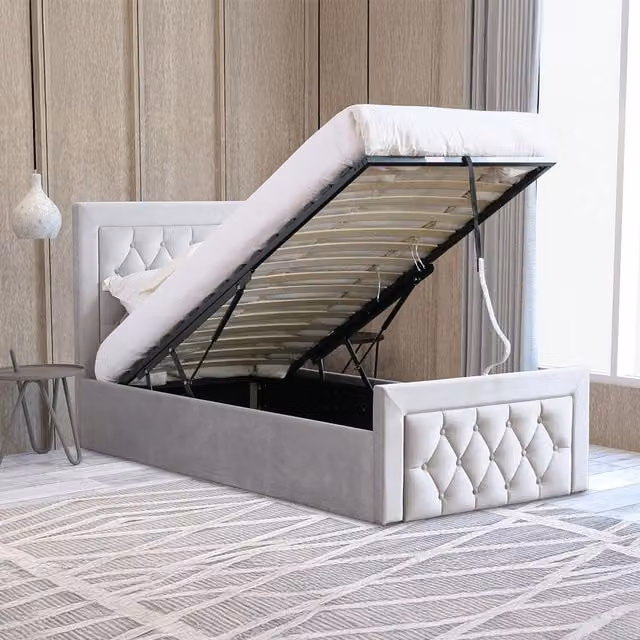 Mia Single Ottoman Bed in Grey Brushed Velvet with Under Mattress Storage Space, W: 90 cm, L: 200 cm