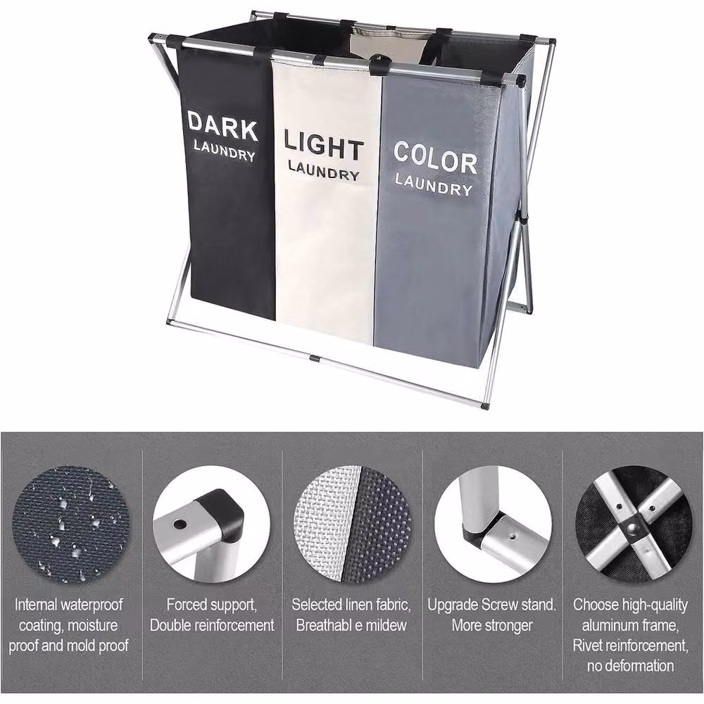 EONLION 3 Compartment Laundry Clothes Washing Storage Basket in Black with Handles and Collapsible Fabric Design, Height: 100 cm – 5