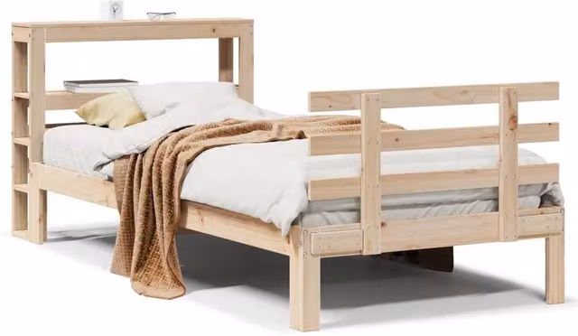 Berkfield Home Single Bed Frame with Headboard and Side Compartments in Beige Solid Pine Wood, W/D/H: 90 x 190 cm