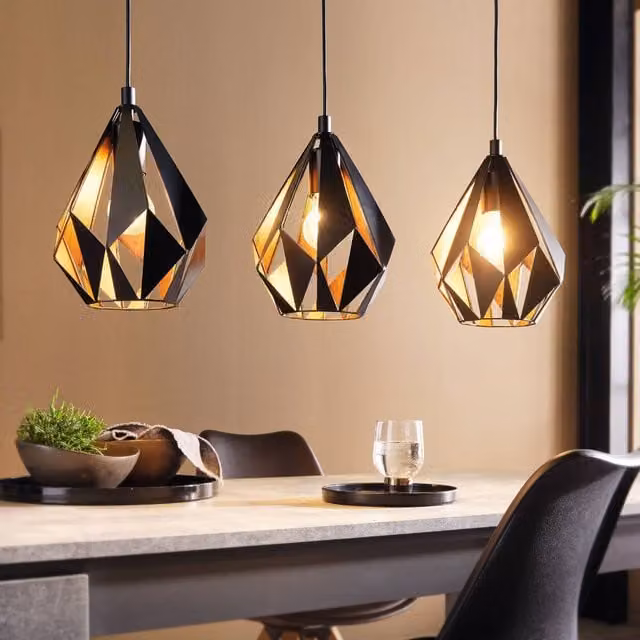 Eglo Carlton 1 Industrial 3-Light Suspended Pendant Light in Copper and Black Metal – 1