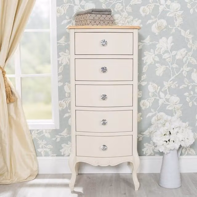 Statement Furniture Juliette Vintage Chic 5 Drawer Tallboy in Champagne with Crystal Handles W/D/H: 40 x 40 x 120 cm