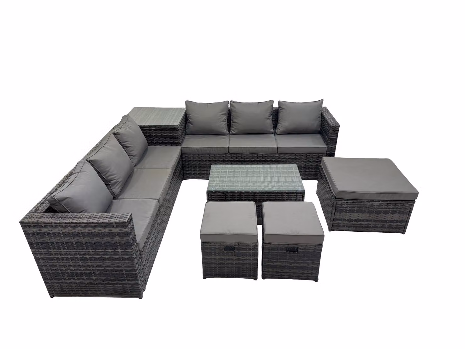 Fimous 9 Seater L-Shape Garden Rattan Furniture Set in Dark Grey with Upholstered Cushions, Ottoman and Coffee Table – 2