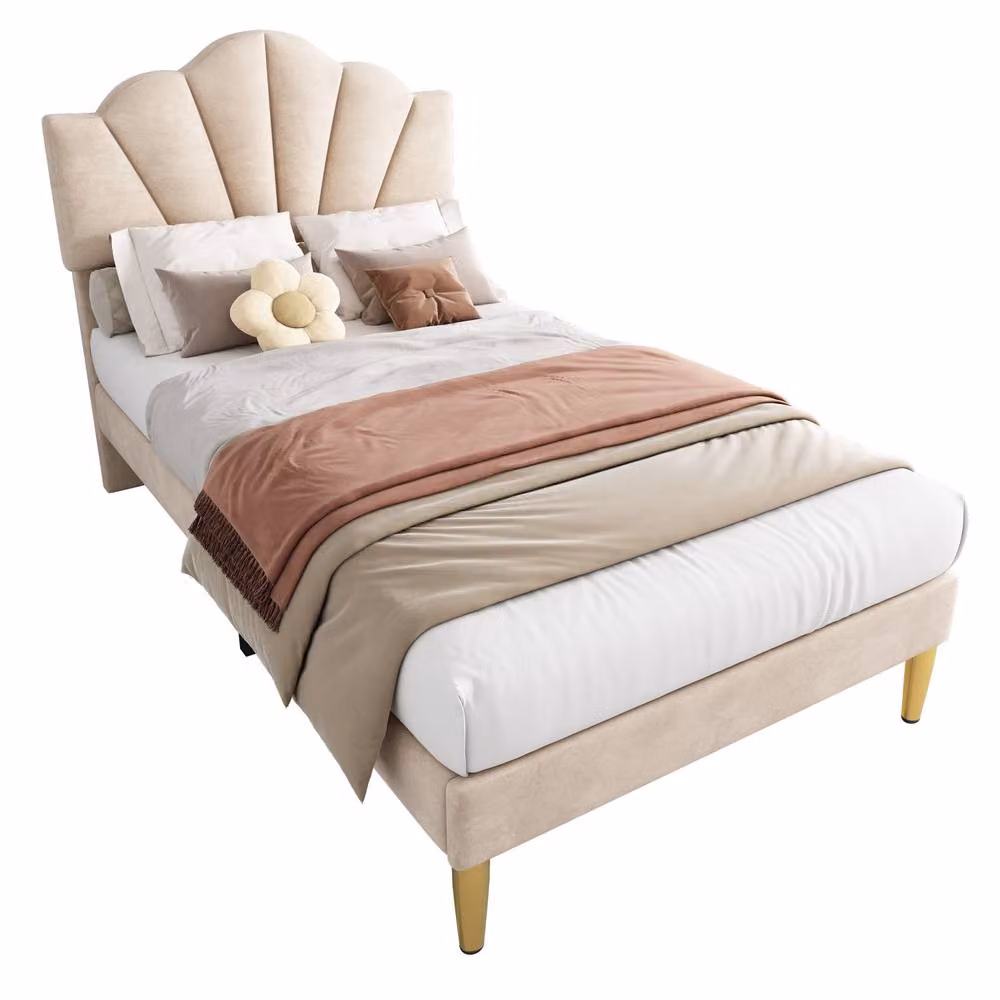 ModernLuxe Velvet Upholstered Single Kids Bed with Adjustable Headboard in Beige – 3