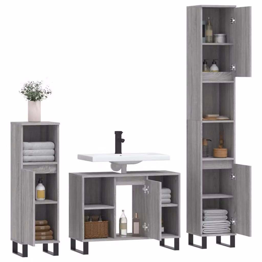 Berkfield Home 3 Piece Modern Grey Bathroom Furniture Set with Vanity Unit and Freestanding Storage – 2