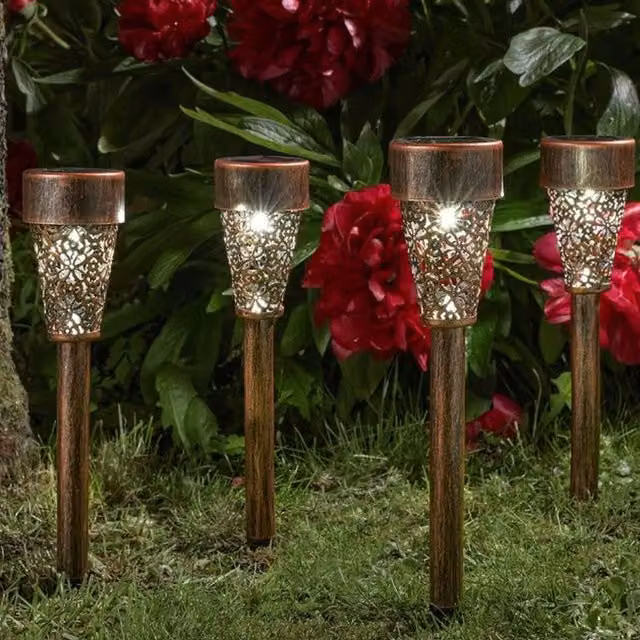 Pack of 4 Smart Solar Damasque Stake Lights in Bronze with Warm White Dusk Sensor Output