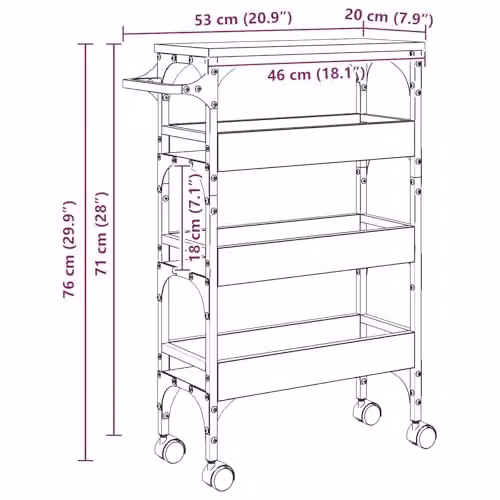 vidaXL Industrial Kitchen Trolley in Black Oak, W/D/H: 53 x 20 x 76 cm – 3