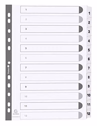 Exacompta Mylar Printed Indices for A4 Documents, 12-Part Dividers (1-12), White 160gsm FSC-Certified Card with Reinforced Plastic Tabs