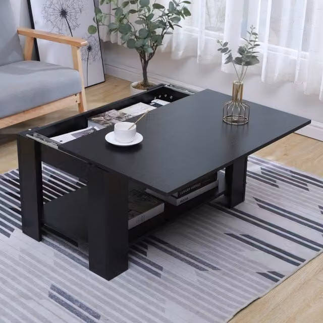 HMD Black Modern Rectangular Sliding Coffee Table with Lift Mechanism and Bottom Shelf, W/D/H: 120 x 50 x 50 cm