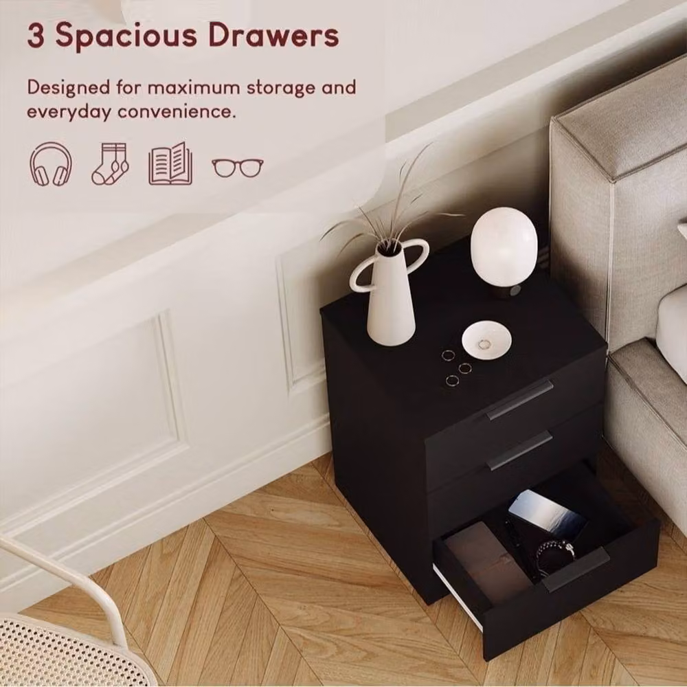 FORGEVIO Black Modern Bedside Chest of Drawers for Bedroom Storage – 5