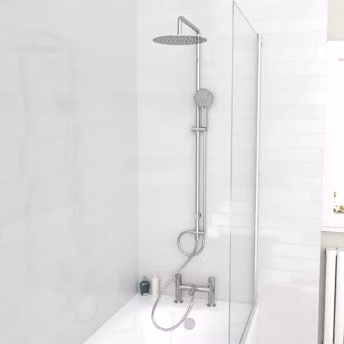 Nes Home Round Shower Mixer with Bath Filler Tap, Handset and Riser Rail Kit in Chrome