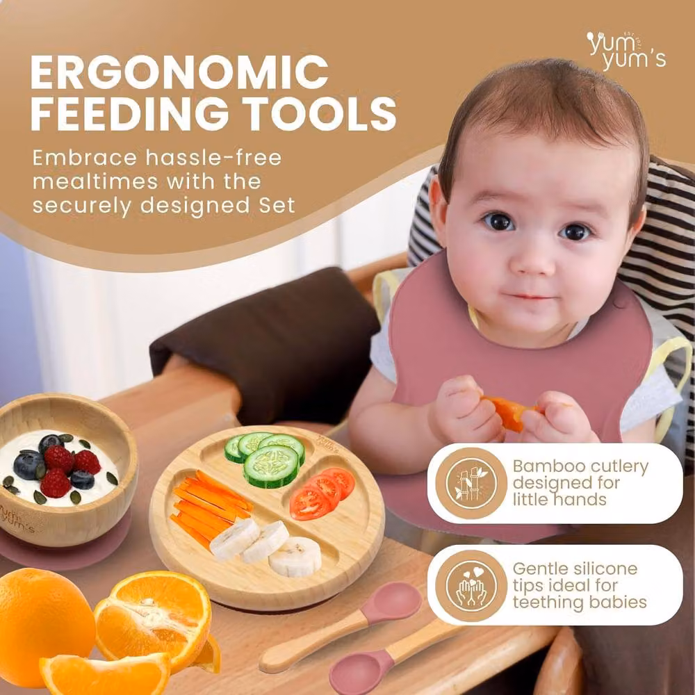 Yum Yums 6-Piece Pink Silicone and Bamboo Baby Weaning Feeding Set – 4