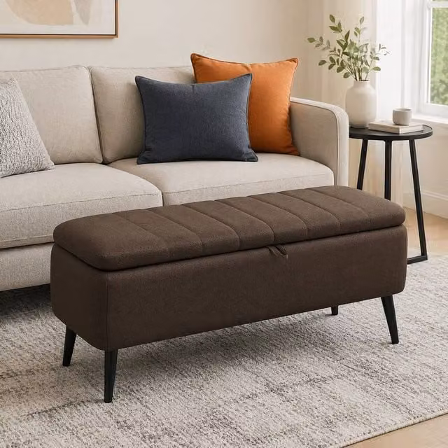 STILVORA Brown Fabric Storage Ottoman with Padded Top and Metal Legs, W/D/H: 102 x 44 x 44 cm