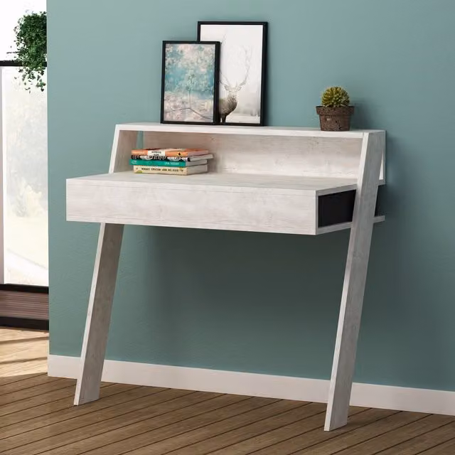 FWStyle Modern Wall Mounted Floating Writing Desk with 1 Drawer and 1 Shelf in White