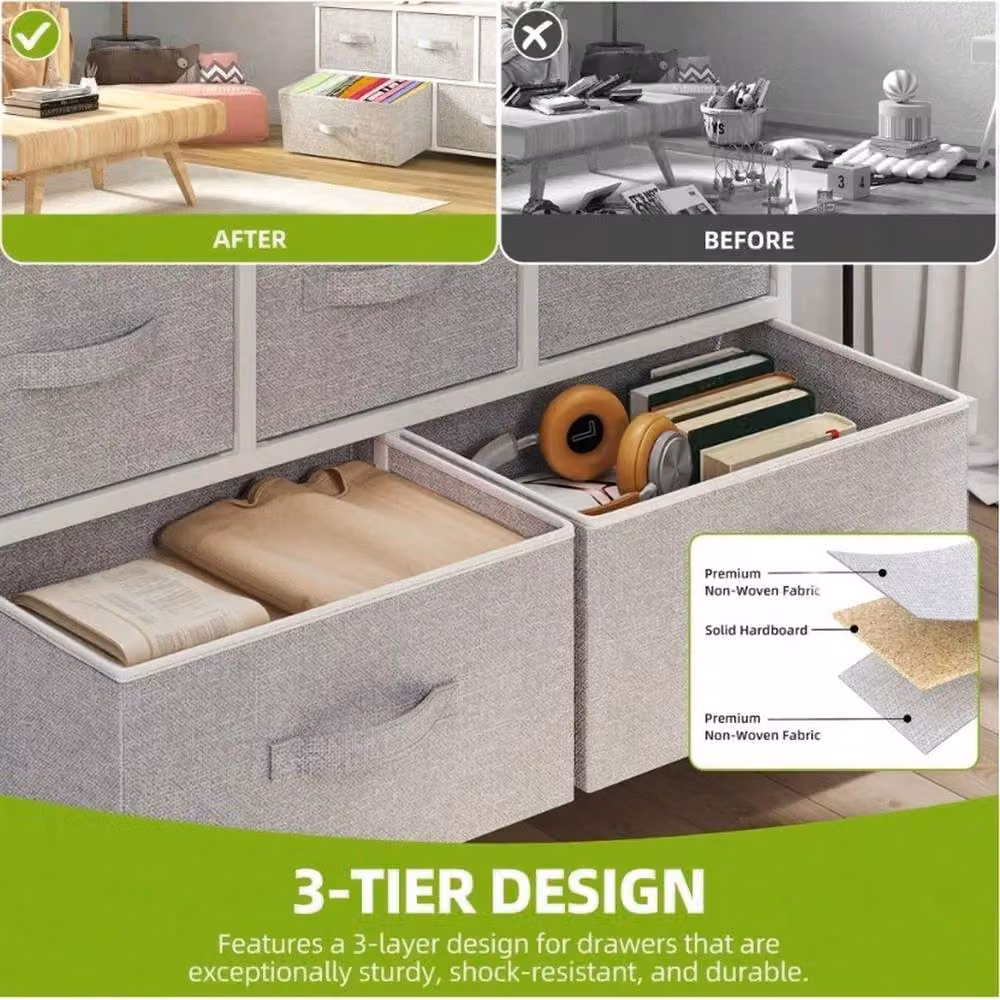 VOGREX Grey 5 Drawer Fabric Bedroom Storage Chest with Steel Frame – 3