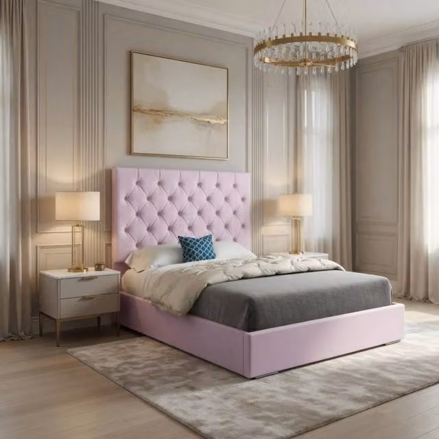 KDMD Finsbury Upholstered Pink Velvet Designer Bed Frame, W/D/H: 140 x 200 x 137 cm – 1