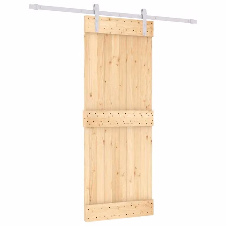 Berkfield Home Rustic Solid Wood Pine Sliding Door with Hardware Set in Brown, W: 80 cm, H: 210 cm