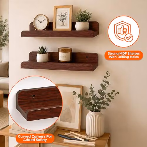 Innoteck Set of 2 Walnut MDF Floating Wall Shelves with U Shaped Design – 3