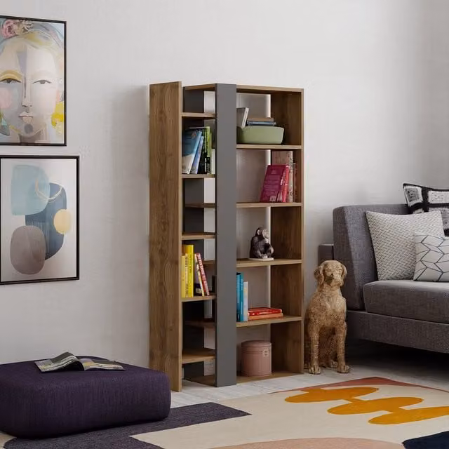 Decortie Lift Modern Freestanding Bookcase Display Unit in Anthracite Grey and Dark Oak Effect, W/D/H: 80 x 29 x 151 cm