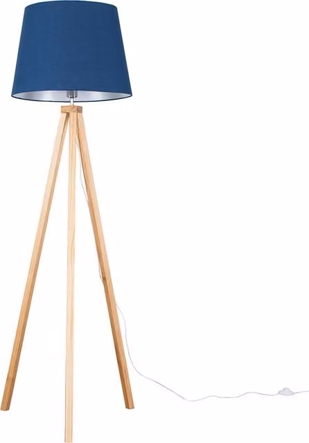 ValueLights Modern Tripod Floor Lamp with Navy Blue Fabric Shade in Brown Wood