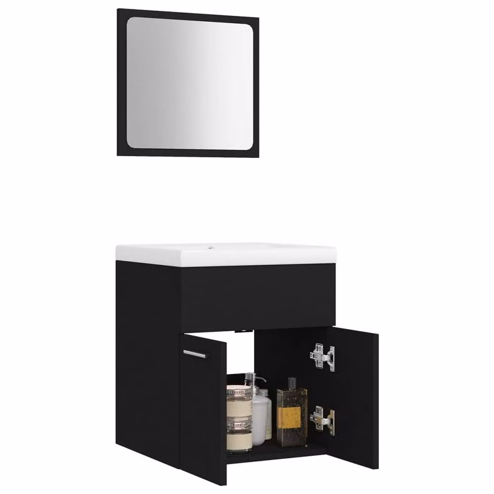 Berkfield Home Modern Black Bathroom Furniture Set with Vanity Unit and Mirror Cabinet – 3