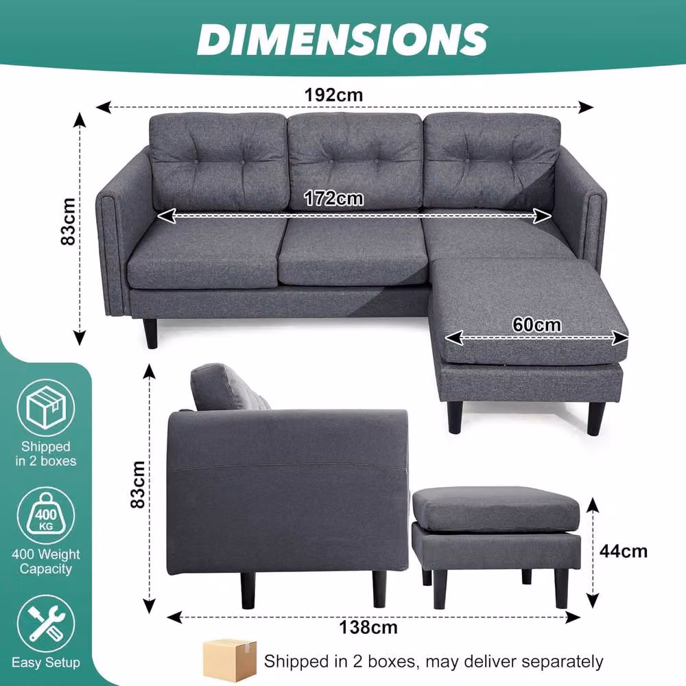 Alivio Modern Reversible L-Shaped 3-Seater Sectional Fabric Sofa in Grey – 6
