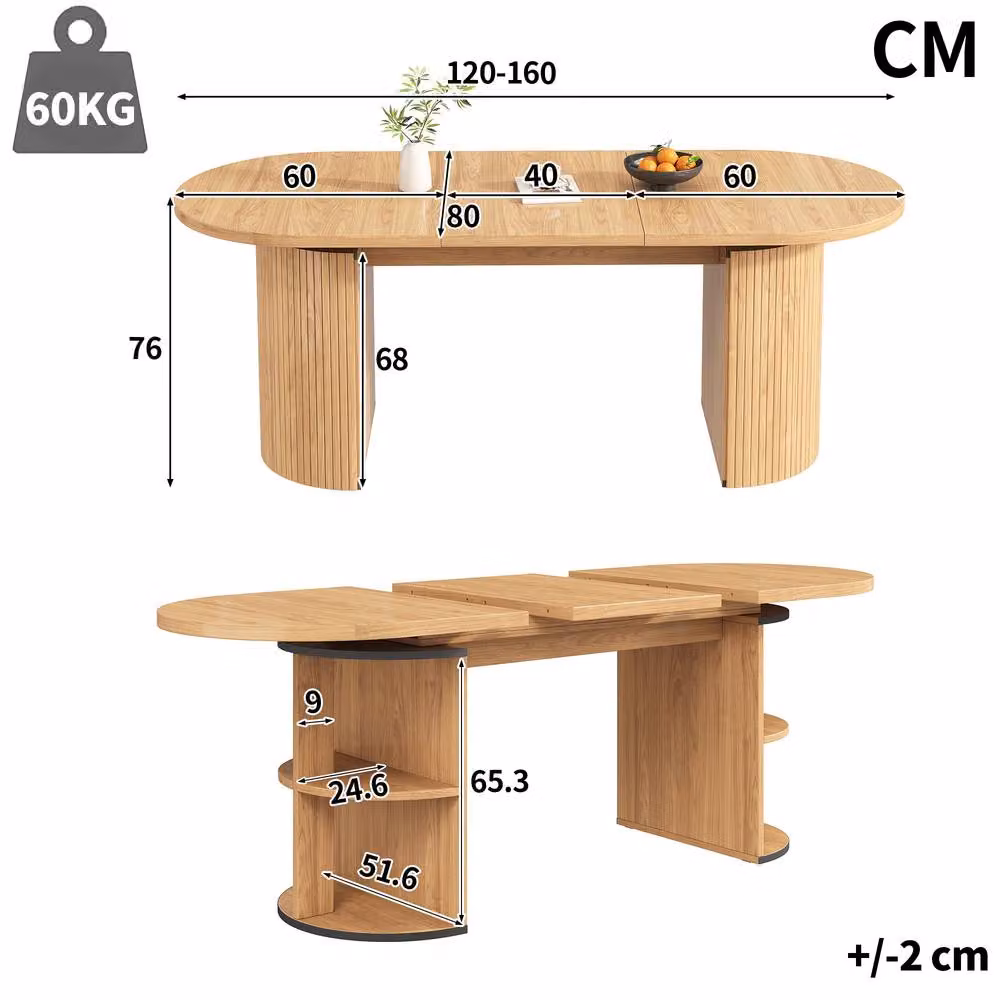 Rolipo Extendable Oval Dining Table with Hidden Storage in Natural Brown, W/D/H: 160 x 60 x 40 cm – 2