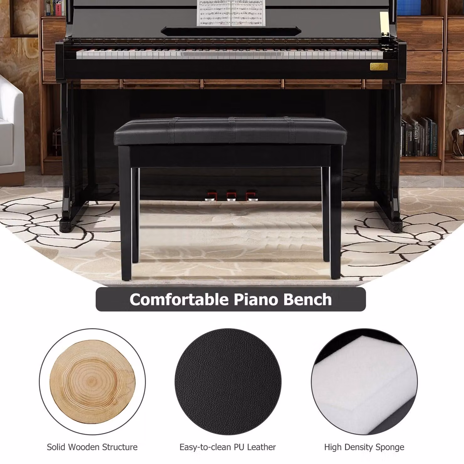 Costway Double Duet Piano Bench with Padded Synthetic Leather Cushion in Black – 5