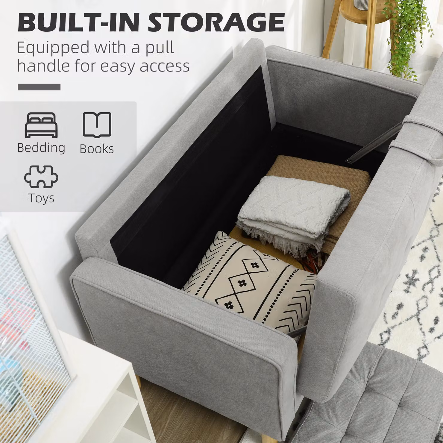 HOMCOM Modern 2 Seater Sofa with Hidden Storage and Wood Legs, Light Grey – 3