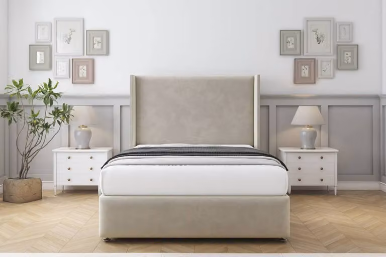 Sloomy Stratford Plush Divan Set with Wingback Headboard and Footboard in Beige, King Size, W/D/H: 180 x 200 cm