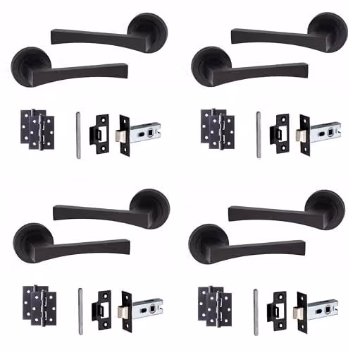 Golden Grace Wave Door Handles with Latch and Hinges, 4 Pairs, Matt Black Finish – 1