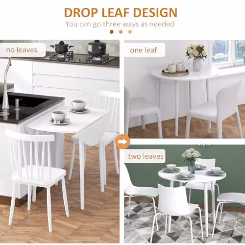 HOMCOM Modern Round Folding Dining Table for 4, White Drop Leaf Extendable Table – 3