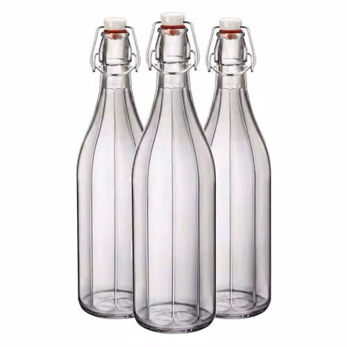 Bormioli Rocco Oxford Clear Glass Swing Top Bottles, 1 Litre, Pack of 3