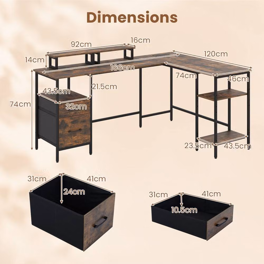 Costway L-shaped Reversible Corner Desk with Power Outlets in Brown – 2