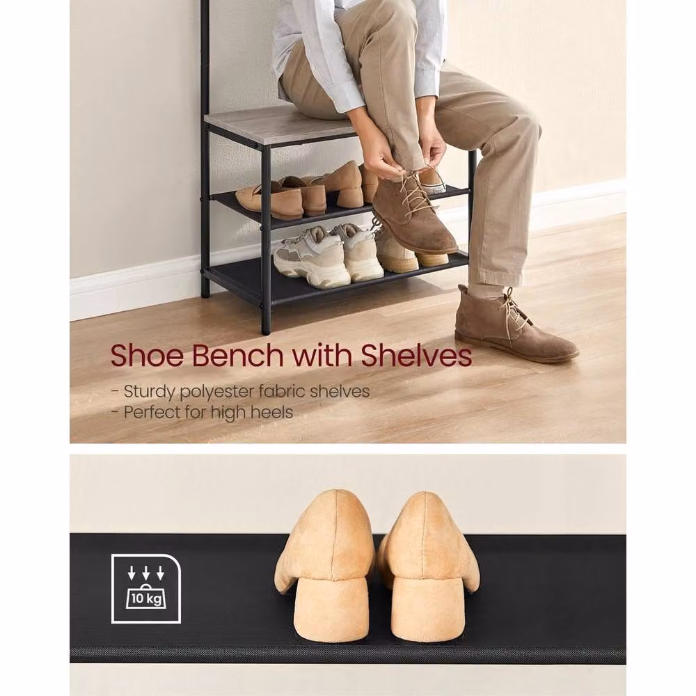 Kelvenix Hall Tree with Bench and Shoe Storage in Black and Beige, H 180 x W 90 x D 32.2 cm – 3