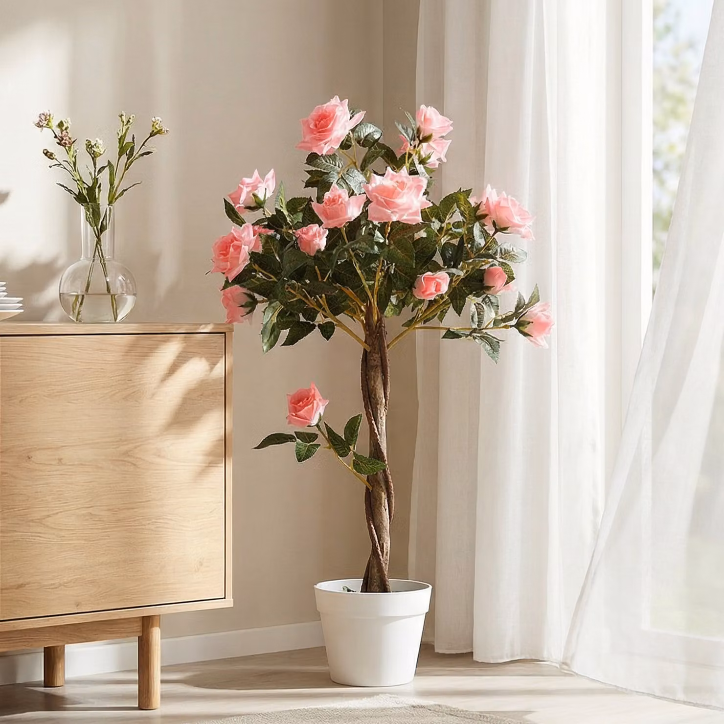 Outsunny Artificial Rose Tree with 21 Pink and Green Flowers, Height: 90 cm – 7