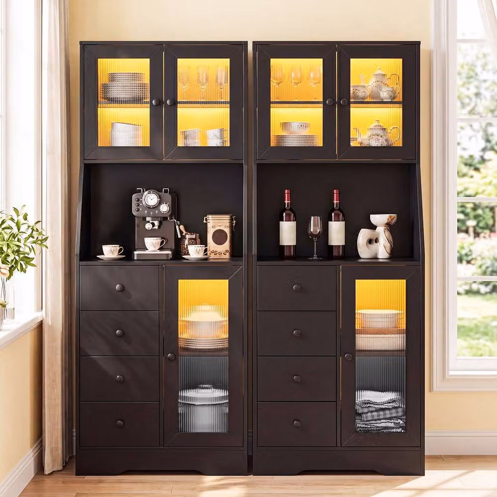 Gymax Black Freestanding Kitchen Pantry and Coffee Bar Cabinet with Integrated LED Lights – 4