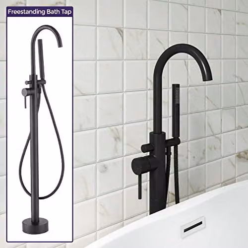 Nes Home Free Standing Single Lever Bath Shower Mixer Tap and Shower Set in Matt Black – 1